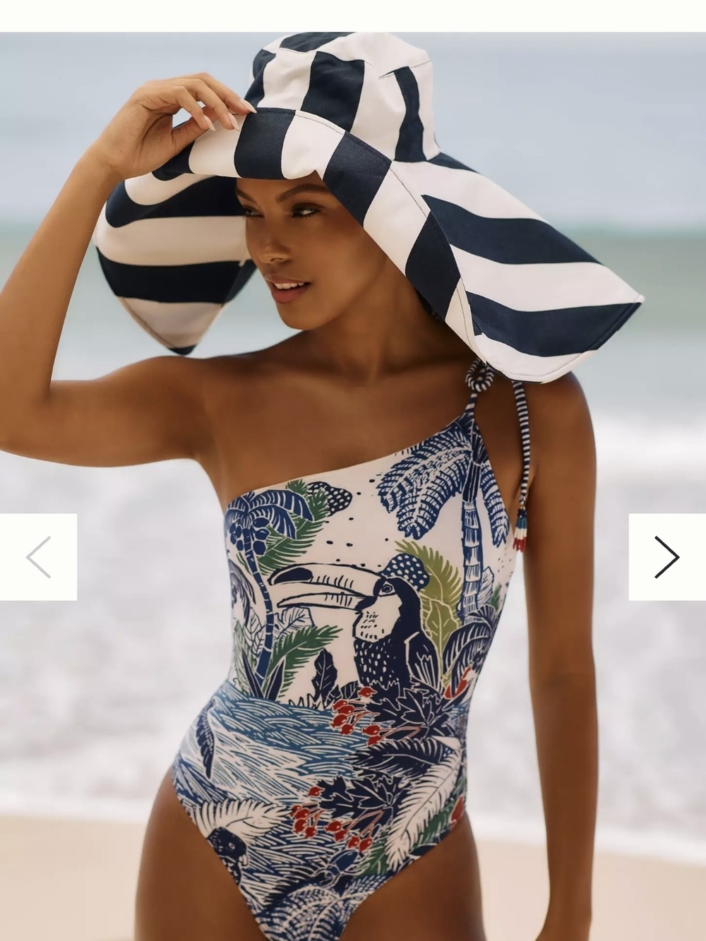 FARM Rio One-Shoulder Tropical Print One-Piece Swimsuit in Navy, White, Green